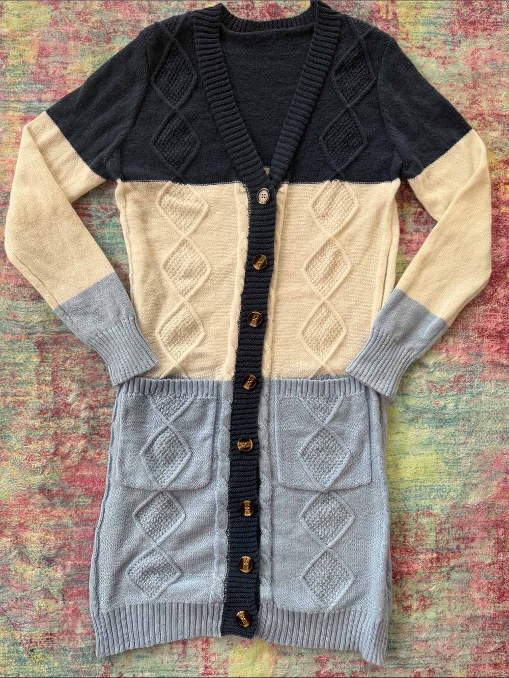 SHEIN Navy, Cream & Light Blue Cable-Knit Long Cardigan